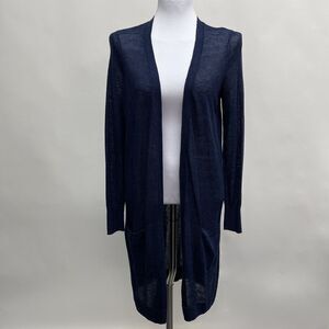 Halogen Long Duster Cardigan Sweater Small Navy Blue Linen Blend Long Sleeve